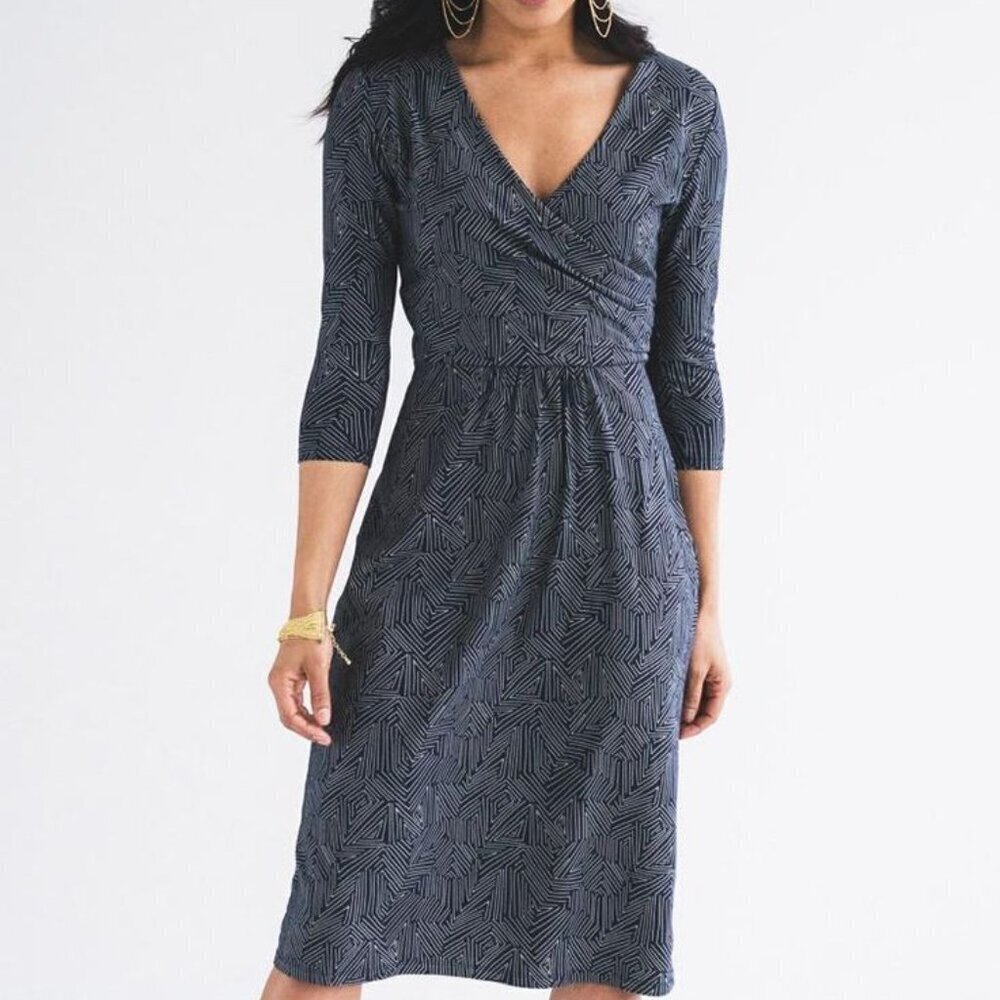Mata‎ Traders Organic Cotton 3/4 Sleeve Dress Size Small, Navy and Gray Print